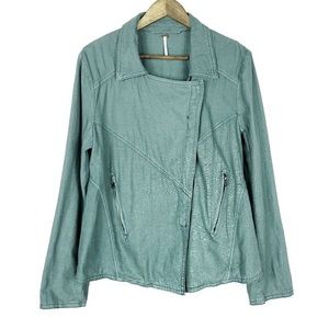 Free People Linen Moto Jacket Snap Front Green
